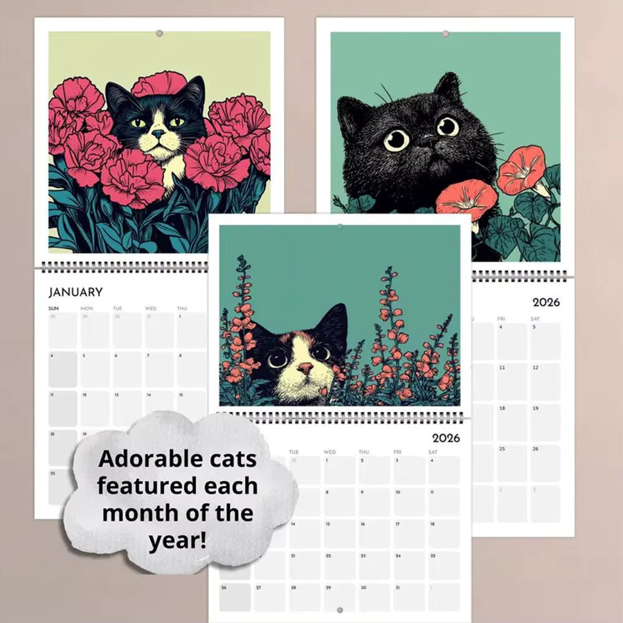 Katzen Chillin mit Kaffee Wandkalender 2026 im Ins-Stil, Monatlicher Familienplaner und Organizer in Blau und Mehrfarbig - Bild 4