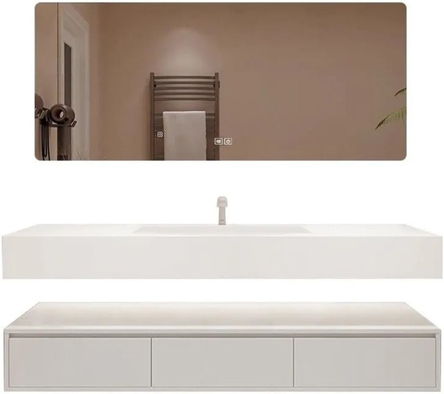 360Home Wandhängendes Badmöbel Set in Weiß mit Sinterstein Waschbecken, LED Spiegel mit Antibeschlagfunktion und Schublade, B/T/H: 120 x 55 x 76 cm - Bild 1