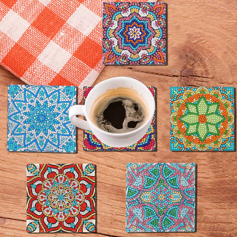 6er Set DIY Diamant-Malerei Kunstset mit Mandala-Blumenmuster und Untersetzern in Multicolor - Bild 3