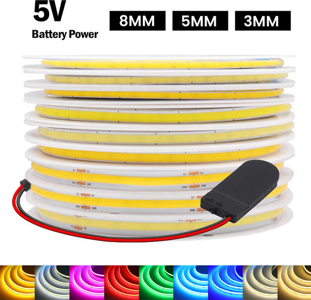 XUNATA Batteriebetriebener COB-LED-Streifen in Rot, 5 V, 320 LEDs/m, flexibles Diodenband für die Innenbeleuchtung und TV-Hintergrundbeleuchtung - Bild 1