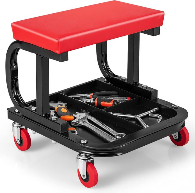GOFLAME Werkstattsessel mit Rollen und Regal in Rot, Belastbarkeit 150 kg, B/T/H: 38,0 x 36,0 cm - Bild 1