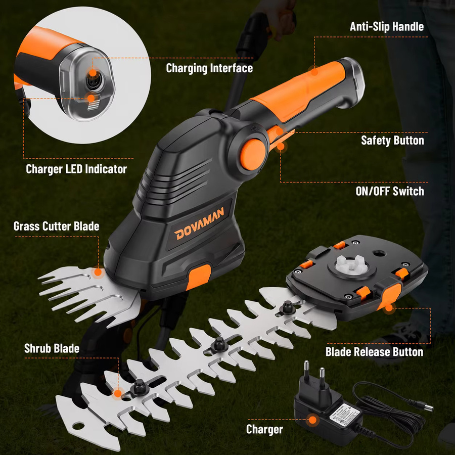 DOVAMANN 3-in-1 Akku-Rasenschere mit Teleskopgriff in Schwarz, 7,2 V mit 2 Klingen (90/170 mm) zum Kanten- und Gartenschneiden - Bild 2