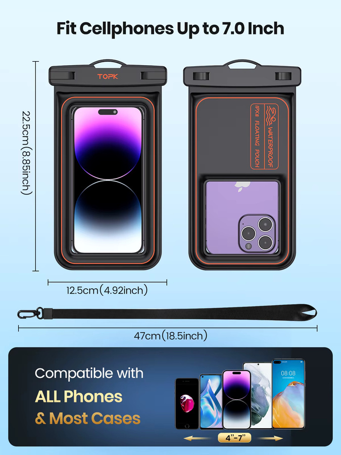 TOPK Wasserdichte Handytasche IPX8 schwimmende Trockentasche für Smartphones bis 7 Zoll in Orange und Schwarz - Bild 2