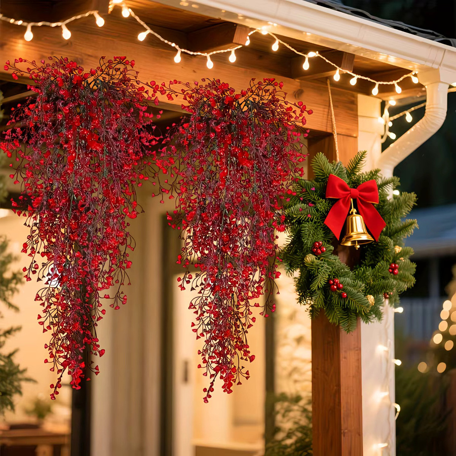 DUTRIEUX 3-teilige weihnachtliche Girlande mit roten Beeren und Blättern, UV-beständige künstliche Beerenrebe zum Aufhängen für drinnen und draußen, Rot und Gelb - Bild 3