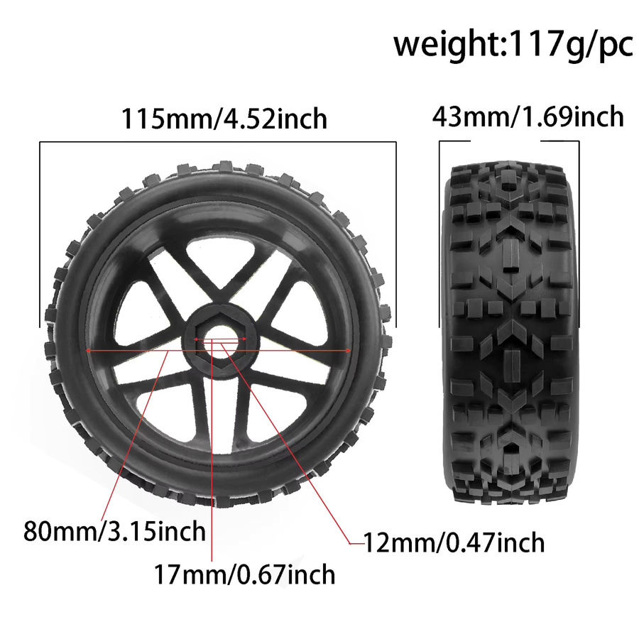 RS RC Buggy-Räder und Gummireifen, 4-teiliges Set, 1:8, 17 mm Sechskantfelgen - Bild 4