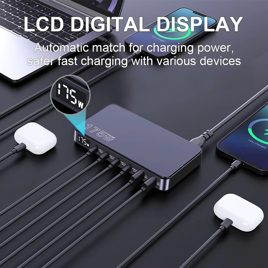 Ueetop 175 W GaN USB C Desktop-Ladegerät mit LED-Anzeige, 6-Port Schnellladestation mit PD 100 W und PPS 45 W für MacBook, Samsung und iPhone, Schwarz - Bild 2