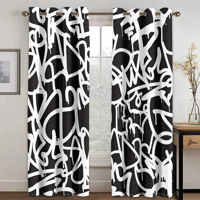 A Family Of Home Textiles Blackout Vorhang mit modernem abstrakten Graffiti-Design in Schwarz, 2er-Set, Breite: 50 cm, Höhe: 160 cm - Bild 1