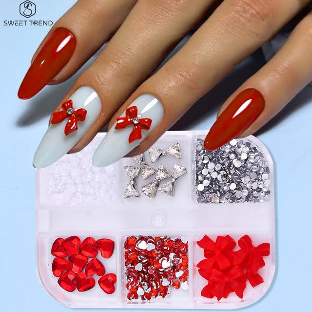 SWEET TREND Nagelkunst-Charms, Rote Schleife, 3D Herzförmige Strasssteine, Glänzend - Bild 1