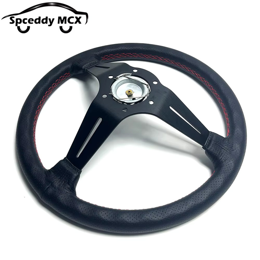 Spceddy Sport Lenkrad aus perforiertem Echtleder in Schwarz, 350 mm Durchmesser, 6 Löcher, PCD, 74 mm Tiefes Lenkrad - Bild 2