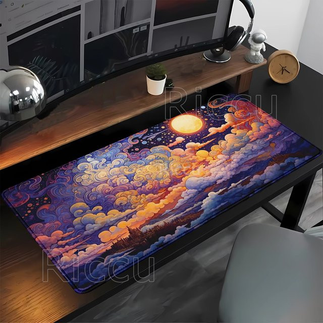 Eenehana XXL-Mauspad Cloud Overlock mit Vollmond und Nacht Motiv, rutschfestes Gaming-Mauspad für PC und Tastatur, B/B: 90 x 40 cm, multicolour - Bild 1