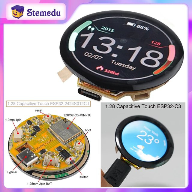 Wishiot ESP32-C3 Rundes IPS Display mit Kapazitivem Touchscreen 1,28 Zoll, 240x240 TFT LCD Modul GC9A01, USB-C, Schwarz - Bild 1