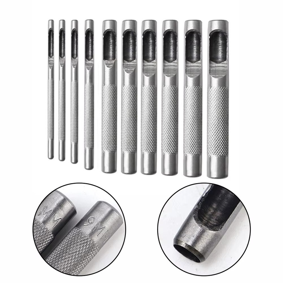 10-teiliges Lederlochstanzen-Set aus Stahl in Silber, Leder-Hohlbohrer-Kit von 1 bis 10 mm für DIY-Lederhandwerk und Bekleidung - Bild 3