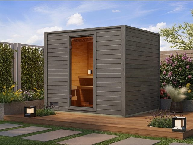 Karibu Gartensauna Lenchen 3 in Terragrau mit bronzierter Ganzglastür - Bild 1