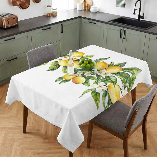JINGYUE Pet Tischdecke mit Aquarell Zitronenblüten-Print, weiß, wasserabweisend und waschbar, B/T: 140 x 140 cm - Bild 1