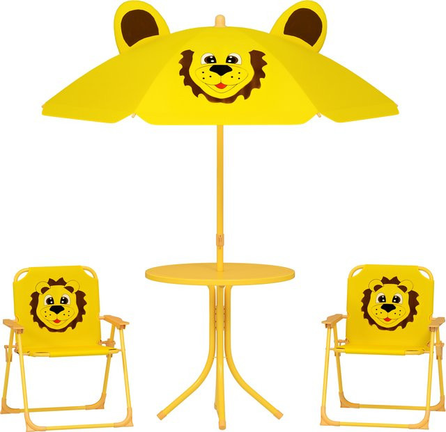 AIYAPLAY Garten-Kindersitzgruppe mit Sonnenschirm und Tisch in Gelb mit Löwen-Design für Kinder von 2 bis 5 Jahren - Bild 1