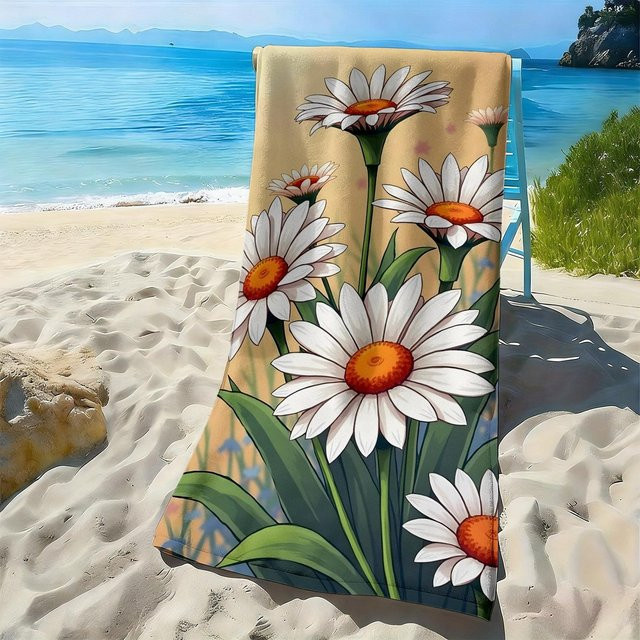 Strandtuch aus Polyester-Mikrofaser mit weißem Gänseblümchen-Muster von Shanika Chen, Breite: 30 cm, Höhe: 60 cm - Bild 1