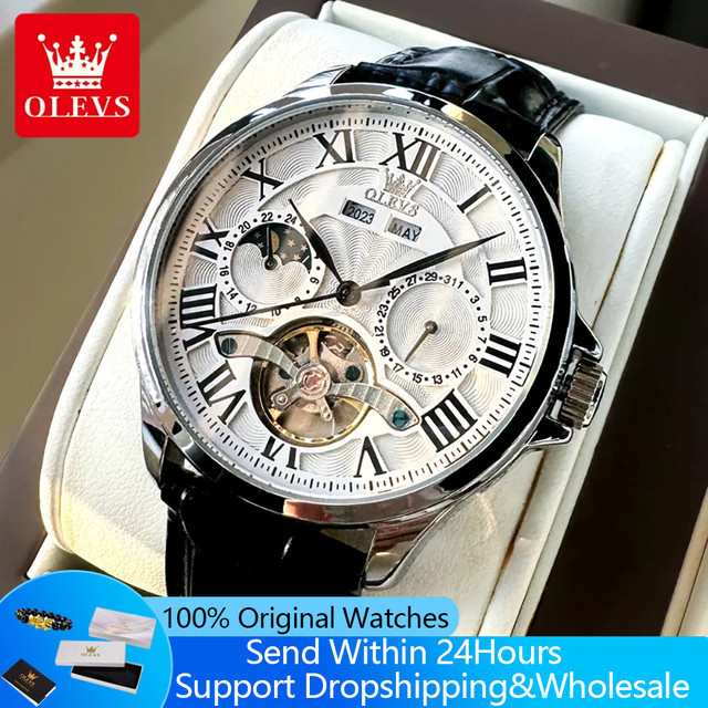 OLEVS Armbanduhr, Automatik, Edelstahl, Leder, Mondphase, Herren - Bild 1