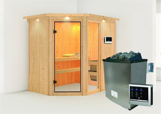 Karibu Sauna Freyja 1 aus Fichte und Espe in Braun mit Edelstahlofen 9,0 kW, externem Steuergerät und Dachkran, B/T/H: 196 x 202 x 151 cm - Bild 1