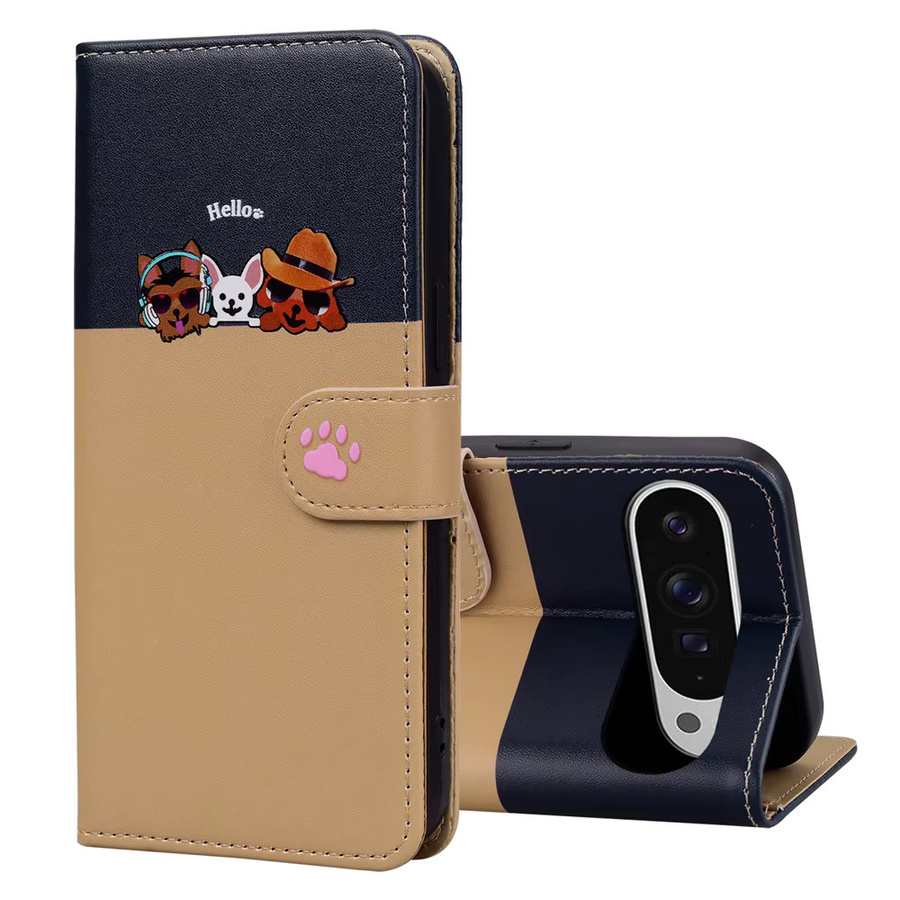 Premium Leder Flip Case mit Katzen-Design für Google Pixel 9 Pro XL 8 7 6 Pro und weitere Modelle, Wallet Cover mit Kartensteckplatz, Schwarz/Mehrfarbig - Bild 1