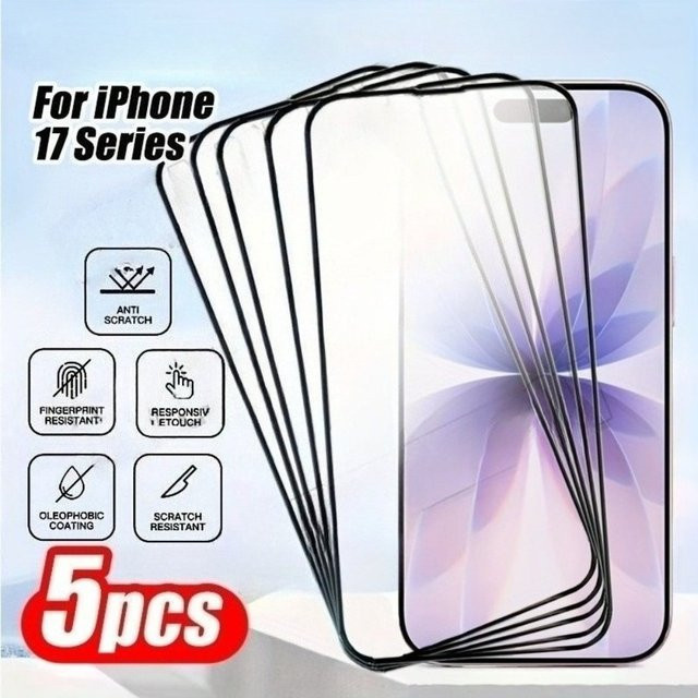 5 Stück Full Cover Displayschutzfolie aus gehärtetem Glas für Apple iPhone 17 16 15 14 13 12 11 Pro Max Plus XR XS in Transparent - Bild 1