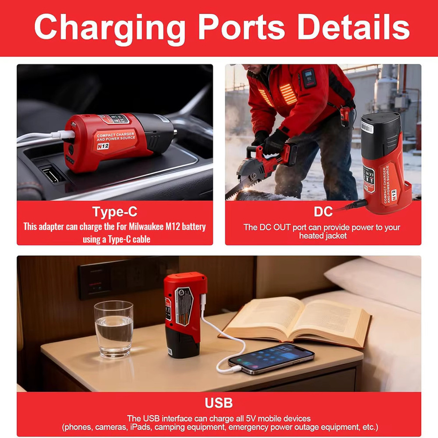 Milwaukee N12 Batterie-Stromquelle Adapter für M12 Akkus mit 12V DC-Anschluss und USB-C in Rot - Bild 5