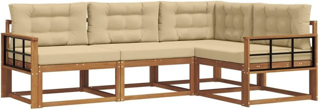 vidaXL Outdoor-Sofagarnitur aus Akazienholz in L-Form mit Kissen, Natur und Beige - Bild 1