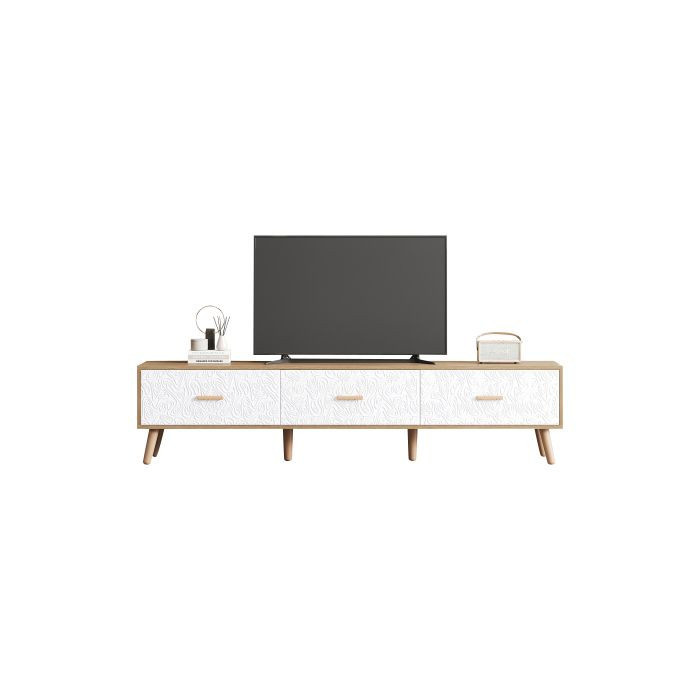 MUVOE TV-Möbel aus Holz in heller Holzfarbe mit weißen texturierten Türpaneelen im Vintage-Stil, B/T/H: 150 x 35 x 39 cm - Bild 3