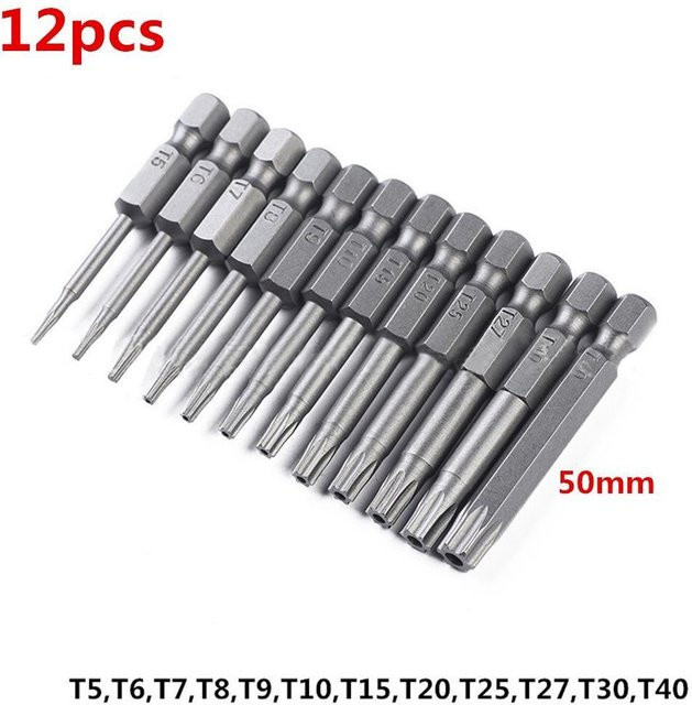 YJSTY 12er Set Multifunktions-Schraubendreherköpfe aus Edelstahl, 1/4 Sechskantgriff, hohler Pflaumenblüten-Schraubendreherkopf mit mittlerem Loch, Farbe: Silber, Länge: 50 mm - Bild 1