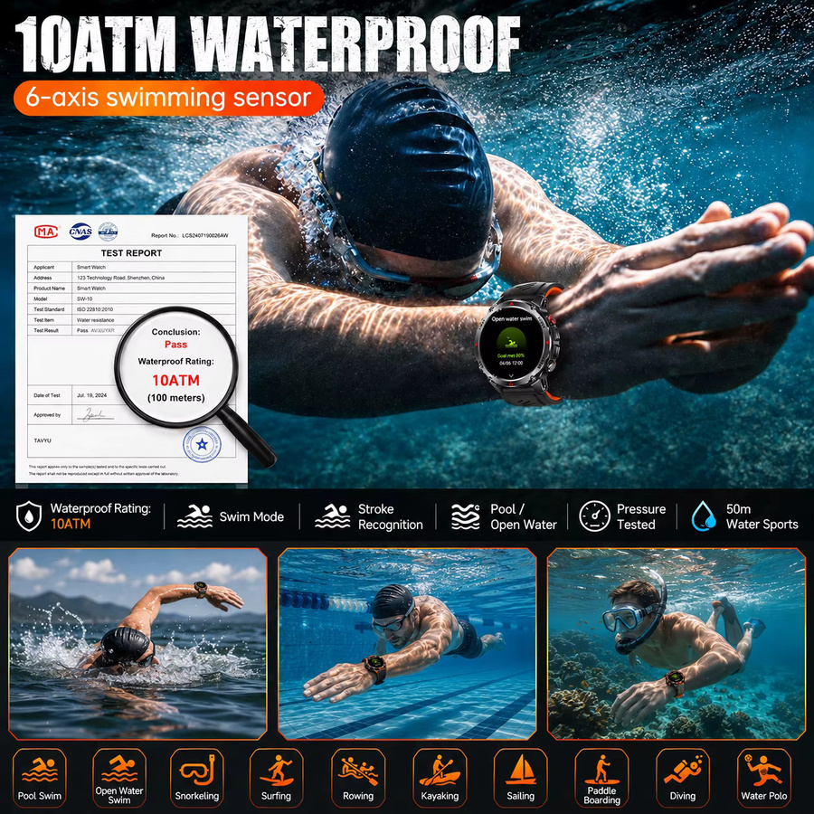 GUHUAVMI T-Rex 3 Pro Smartwatch in Schwarz mit AMOLED-Display, Dualband GNSS, AGPS, Kompass und Höhenmesser, 10 ATM wasserdicht für Sport und Schwimmen - Bild 3