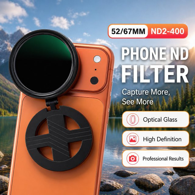 OBKEY Magnetisches ND-Filter-Kit für Smartphones und Android, ND2-400 verstellbar, 52mm/67mm, optisches Glasobjektiv, Schwarz - Bild 1