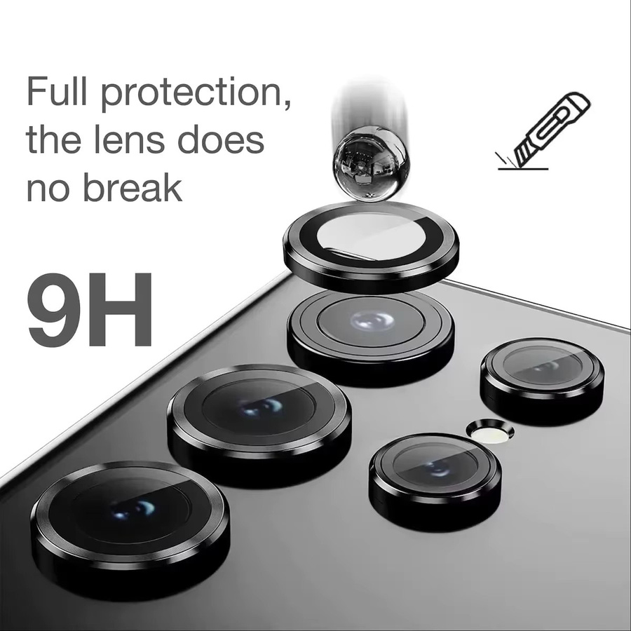 Kameraobjektivschutz aus 9H gehärtetem Glas mit Metallkappe für Samsung Galaxy S25 Edge FE, S24, S23 Ultra und S22 in Schwarz - Bild 2