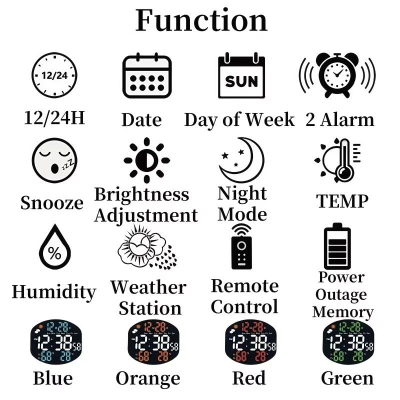 NieNie Digitale Wetterstation als Wanduhr und Tischuhr mit LED-Anzeige in Rot, inklusive Temperatur, Luftfeuchtigkeit, Datum, Nachtmodus, 2 Alarmen und 12/24H-Anzeige, USB-Betrieb - Bild 5
