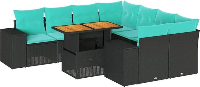 vidaXL 9-teilige Garten-Sofagarnitur aus Poly-Rattan und Akazienholz in Schwarz mit blauen Kissen - Bild 1