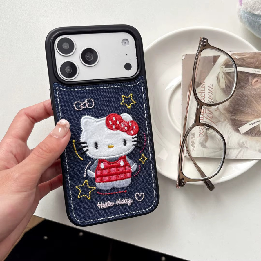 Sanrio Hello Kitty Handyhülle mit Denim-Leder-Muster und Herzchen-Sternen-Design in Blau für iPhone 17, 17 Pro, 15 und 14 Pro Max, stoßfest - Bild 3