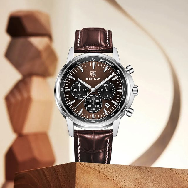 BENYAR Chronograph Armbanduhr, Quarz, Leder, Herren, Schwarz - Bild 1