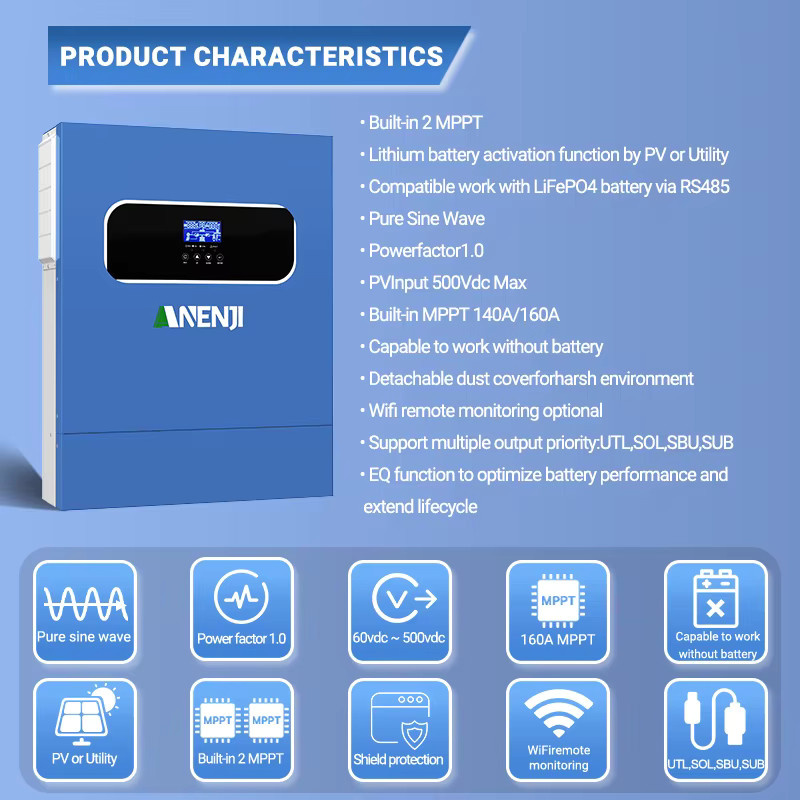 ANENJI Hybrid-Solarwechselrichter 11kW 48V mit MPPT 160A 500VDC, Reiner Sinuswellen-Solarregler mit WLAN, Blau - Bild 2