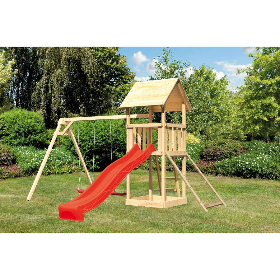 Karibu Spielturm Lotti mit Doppelschaukel, Netzrampe und Rutsche in Rot - Bild 2