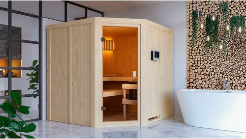 Karibu Sauna Hiiu aus Fichte in Braun für 5 Personen mit 9 kW Ofen, B/T/H: 196 x 196 x 198 cm - Bild 1