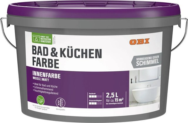 OBI Bad und Küchenfarbe Weiß Matt, 2,5 l, wasserbasiert, schimmelresistent und emissionsarm - Bild 1