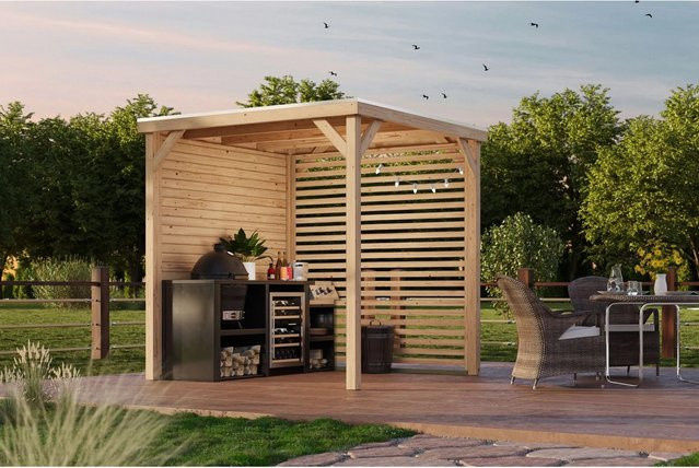 Karibu Pavillon Cannes Outdoorkitchen XL aus nordischer Fichte mit Seitwand und Lamellenwand, Farbe: Brown, B/T/H: 231 x 231 x 243 cm - Bild 1