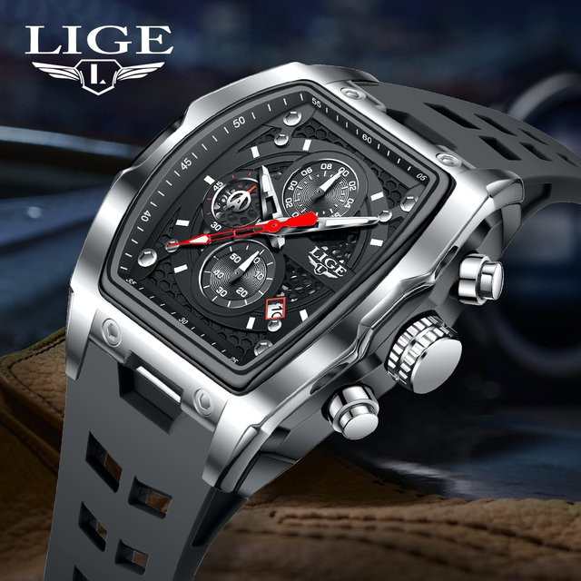 LIGE Armbanduhr Quarz, eckig, Silikon, Schwarz, Herren - Bild 1