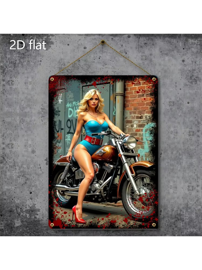 CIFBUY Retro Motorrad Metall-Wandkunst Vintage Garagendekoration mit blonder Fahrerin auf rotem Motorrad, Blau und Rot, Metall - Bild 4