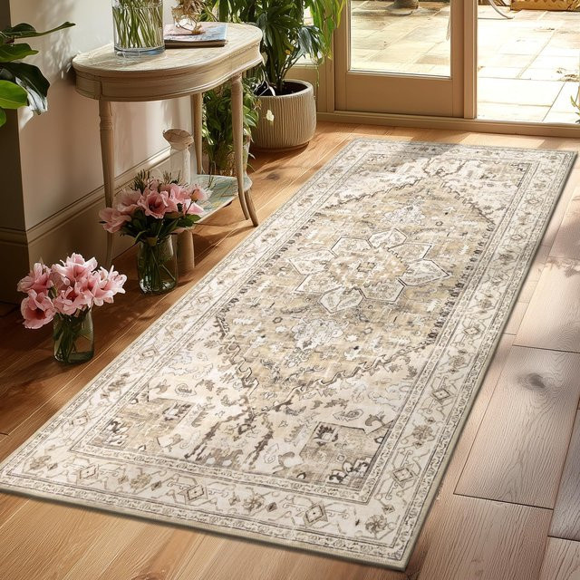 VIKAMA Boho Küchen- und Flurteppich mit Streifen, Beige, B/T: 120 x 60 x 0,6 cm - Bild 1