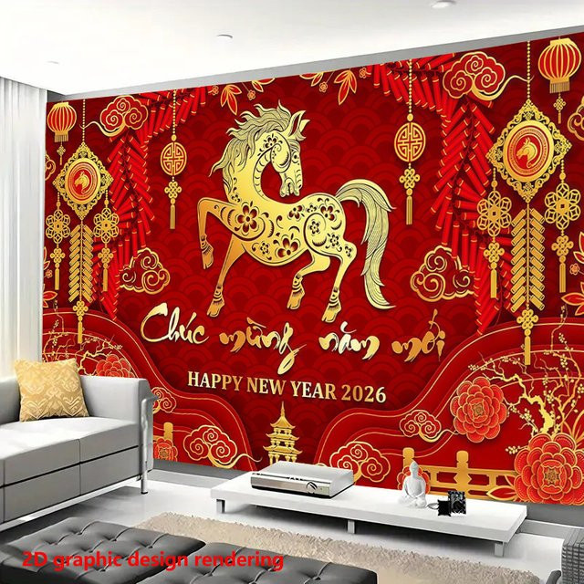VIKAMA Wandteppich Ma Xiangyun Frühlingsfest Neujahrsdekoration Rot mit floralen und tierischen Motiven B: 60 cm, H: 40 cm, T: 40 cm - Bild 1