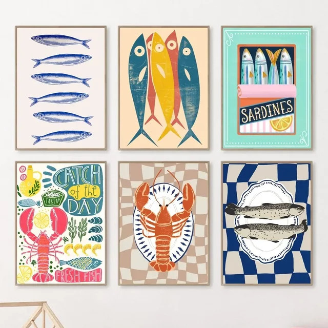 Potdemiel Leinwandmalerei Meeresbewohner mit Sardinen und Hummer in Bunt, Maritimes Kunstposter für Wohnzimmer und Bar - Bild 1