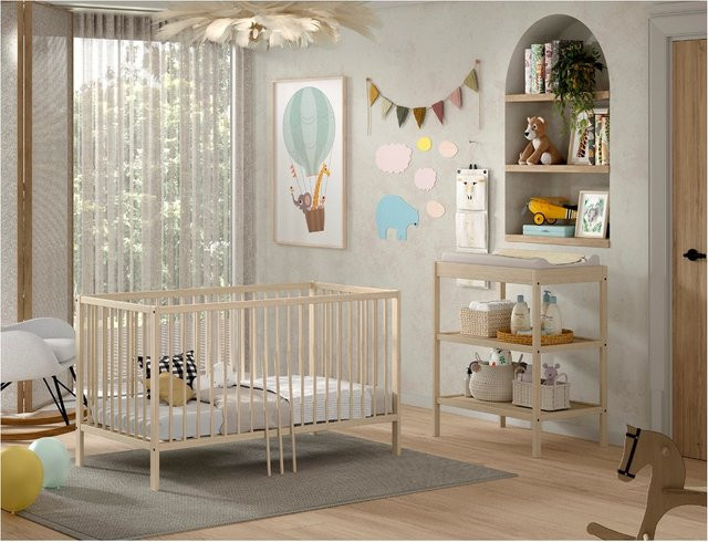 Vipack DINO Baby- und Junior Set aus massiver Buche in Natur, bestehend aus Babybett und Wickelregal, Beige/Braun - Bild 1
