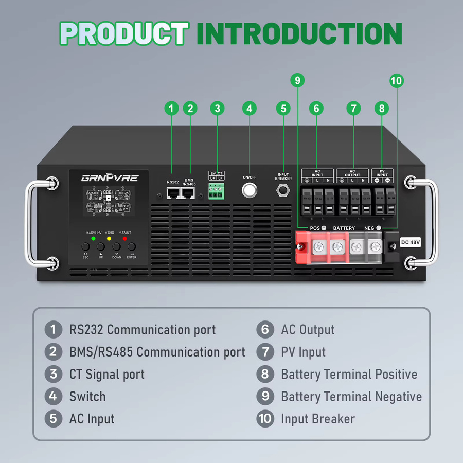 GRNPVRE Hybrid-Solarwechselrichter 6200W mit 120A MPPT-Controller, 48V Reine Sinuswelle, Schwarz - Bild 2