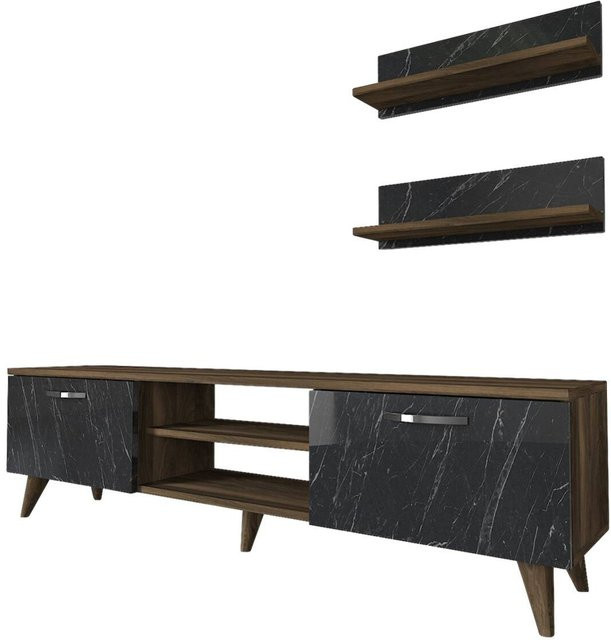 Wohnwand Ayden in Walnuss-Nachbildung mit dunkelgrauer Marmor-Optik, B/H/T: 150 x 40,6 x 30 cm - Bild 1