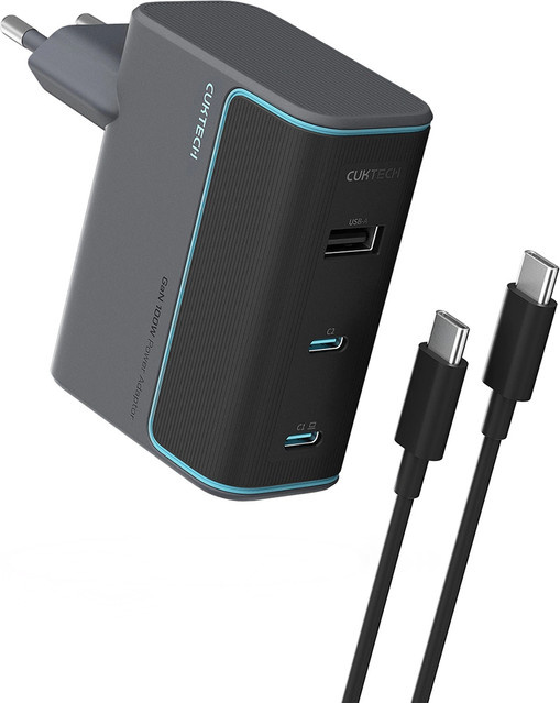 Cuktech Netzladegerät mit USB-C Kabel, 100W, 5A, 1 x USB-A und 2 x USB-C, Grau, CUKAD1003EUG - Bild 1