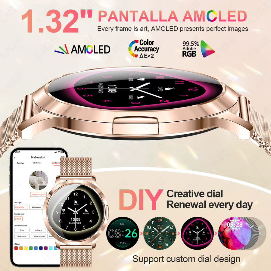 LIGE Smartwatch, AMOLED, 1,32 Zoll, Pink, Damen - Bild 4